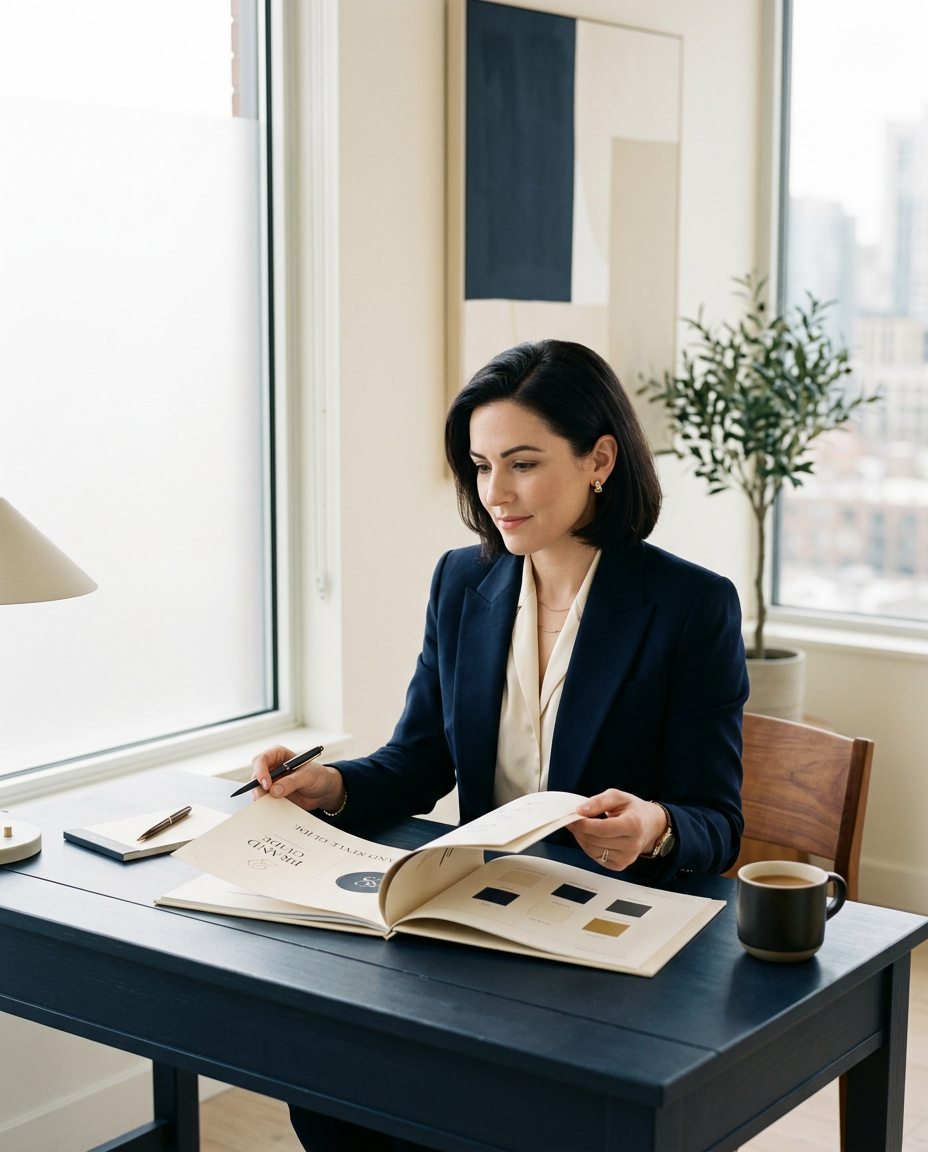 Strategist at desk reviewing brand guidelines with calm focus