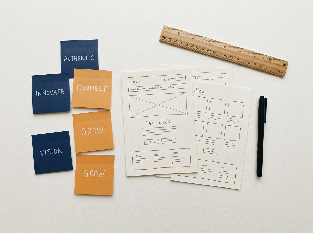 Wireframe sketches and messaging notes laid out on a desk